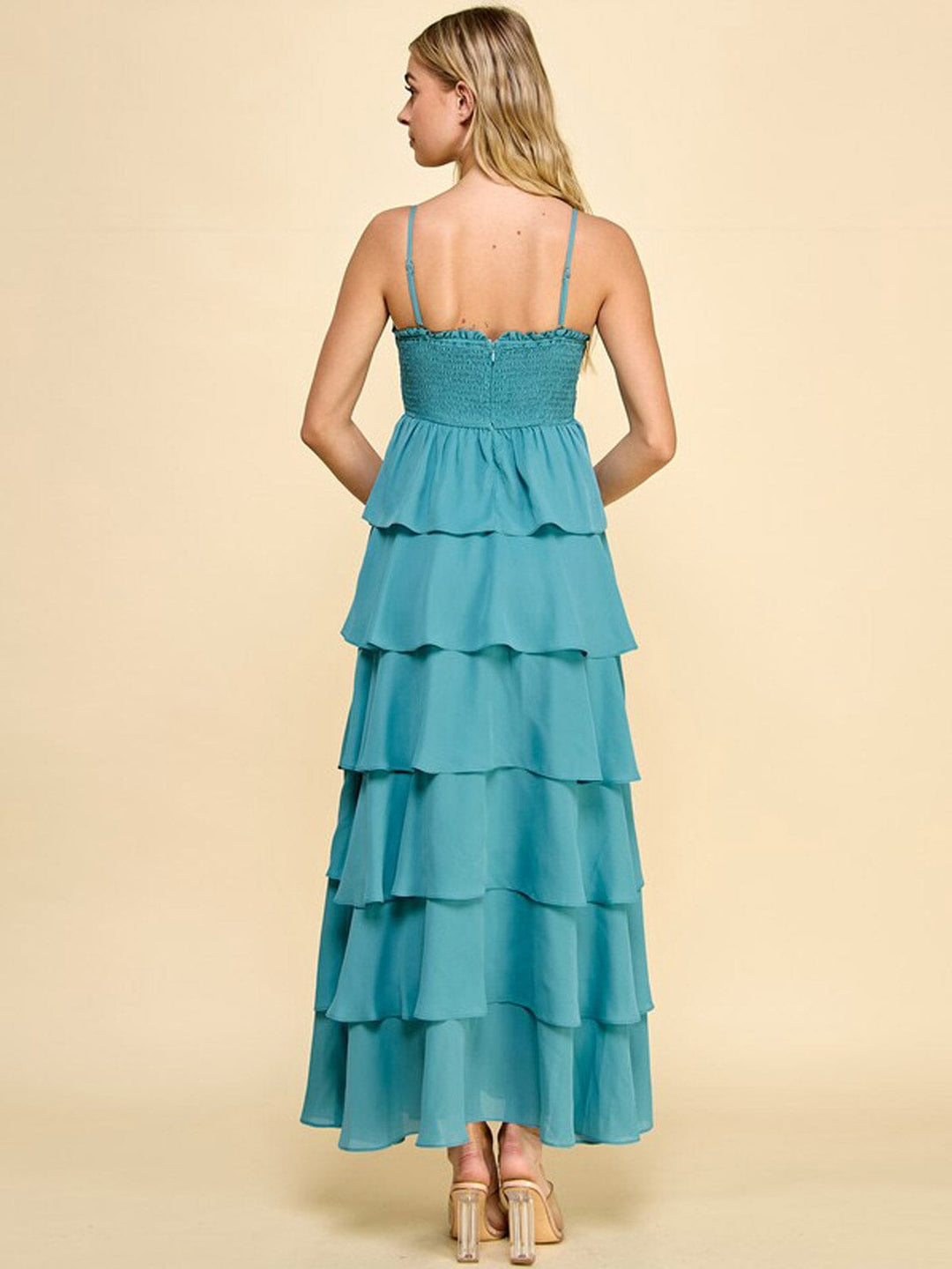 WOMEN'S SLEEVELESS V-NECK RUFFLE TIERED MAXI DRESS