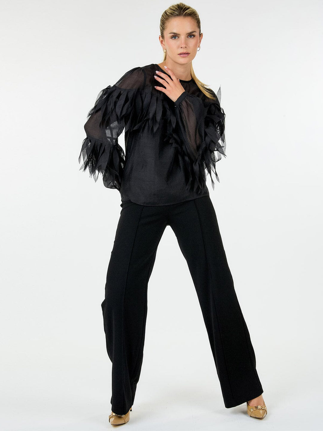 WOMEN'S LONG SLEEVE TIERED FRINGE BLOUSE