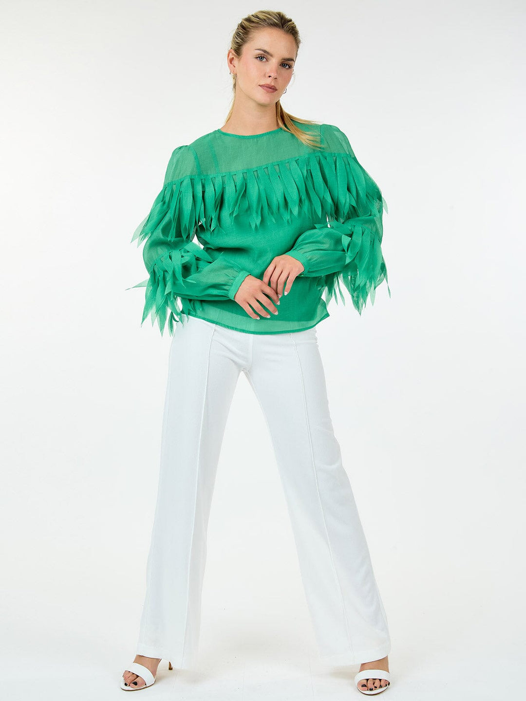 WOMEN'S LONG SLEEVE TIERED FRINGE BLOUSE