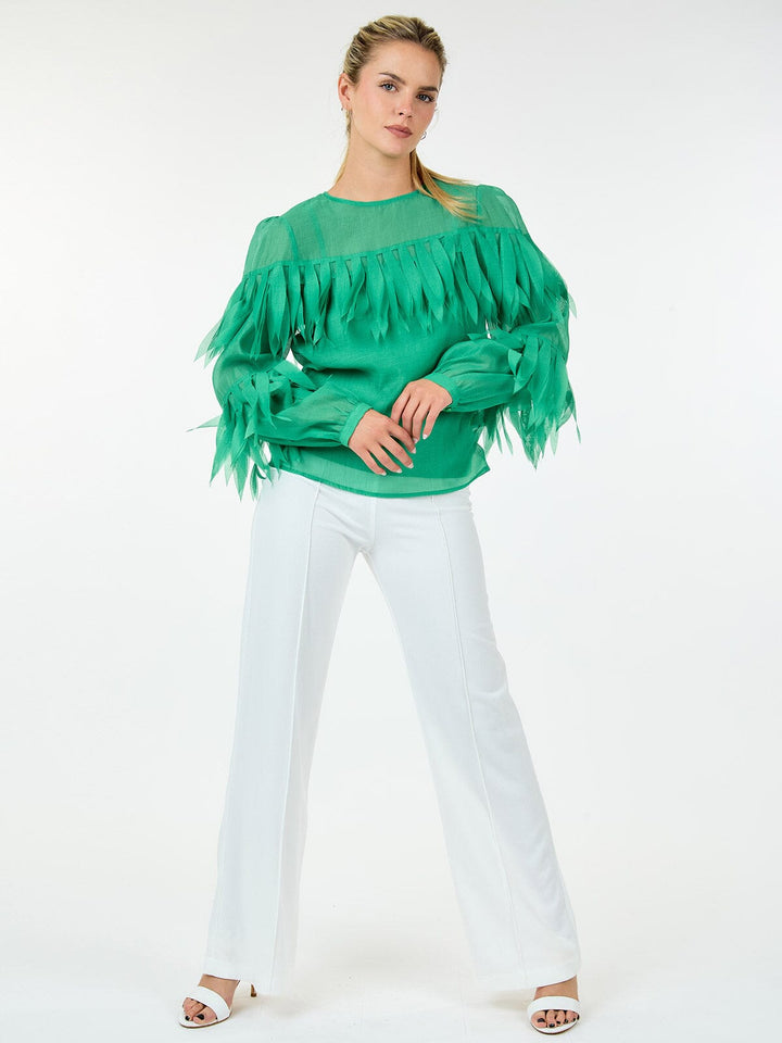 WOMEN'S LONG SLEEVE TIERED FRINGE BLOUSE