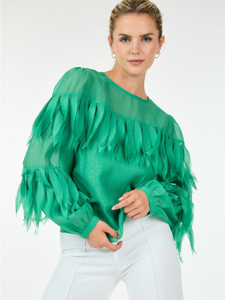 WOMEN'S LONG SLEEVE TIERED FRINGE BLOUSE
