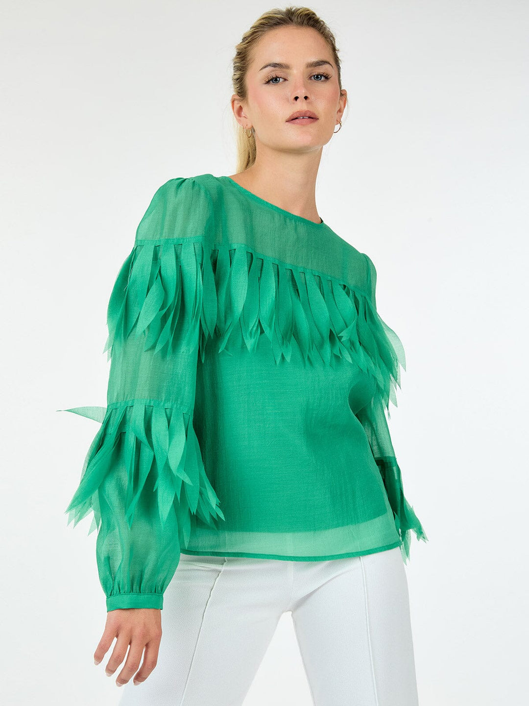 WOMEN'S LONG SLEEVE TIERED FRINGE BLOUSE