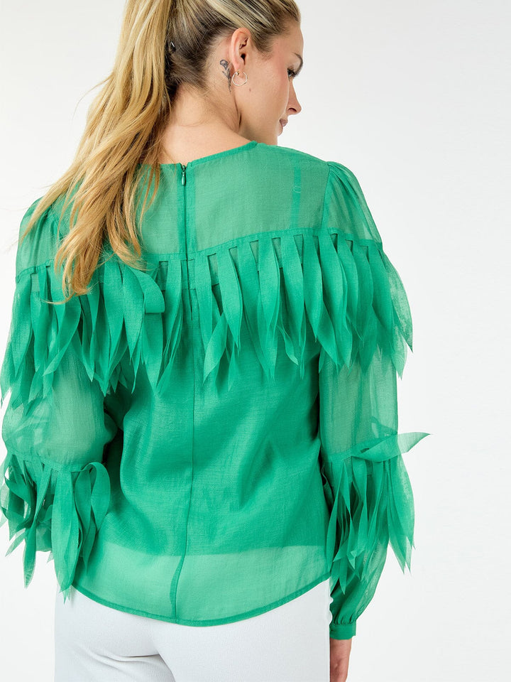 WOMEN'S LONG SLEEVE TIERED FRINGE BLOUSE