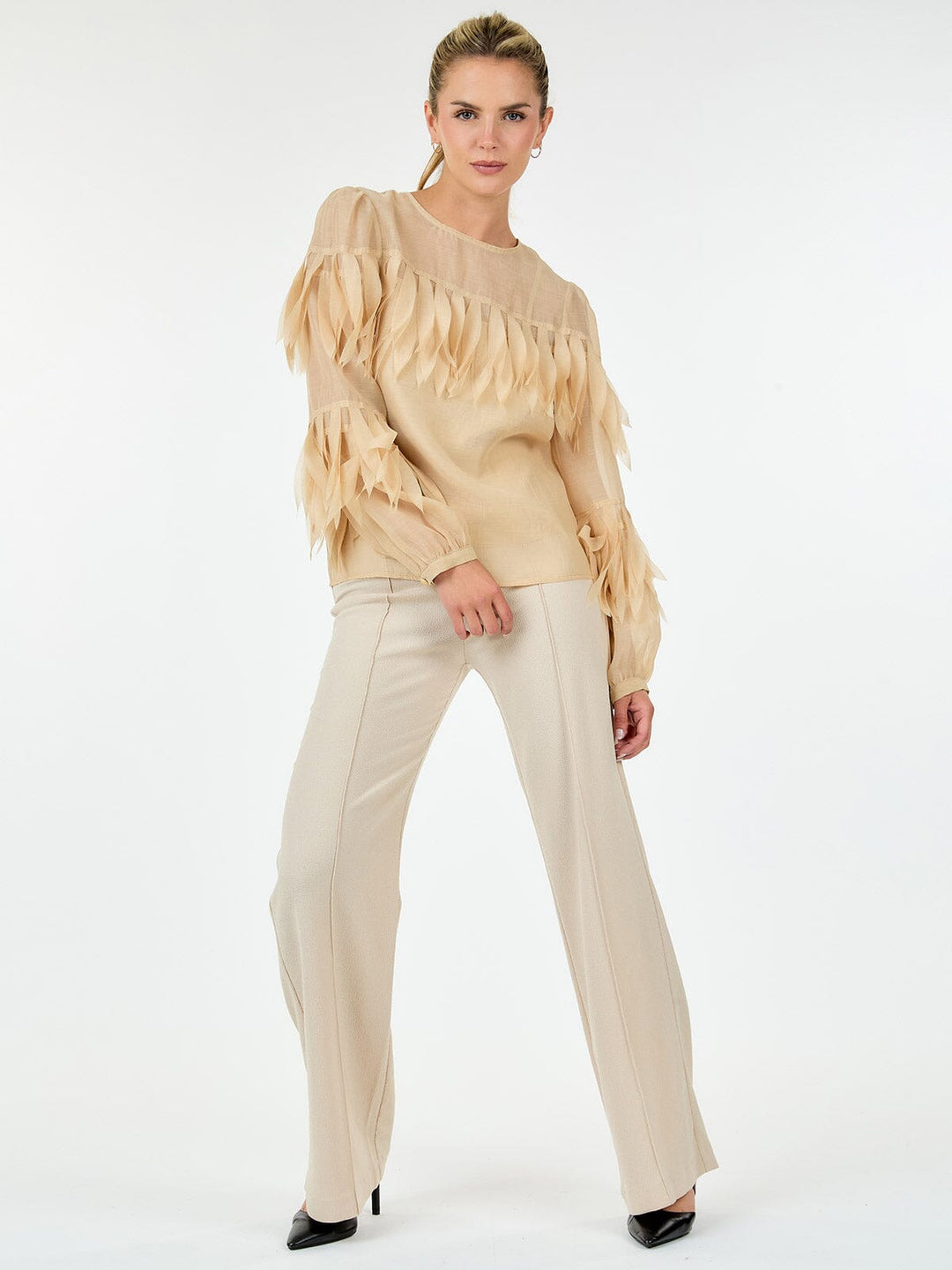 WOMEN'S LONG SLEEVE TIERED FRINGE BLOUSE