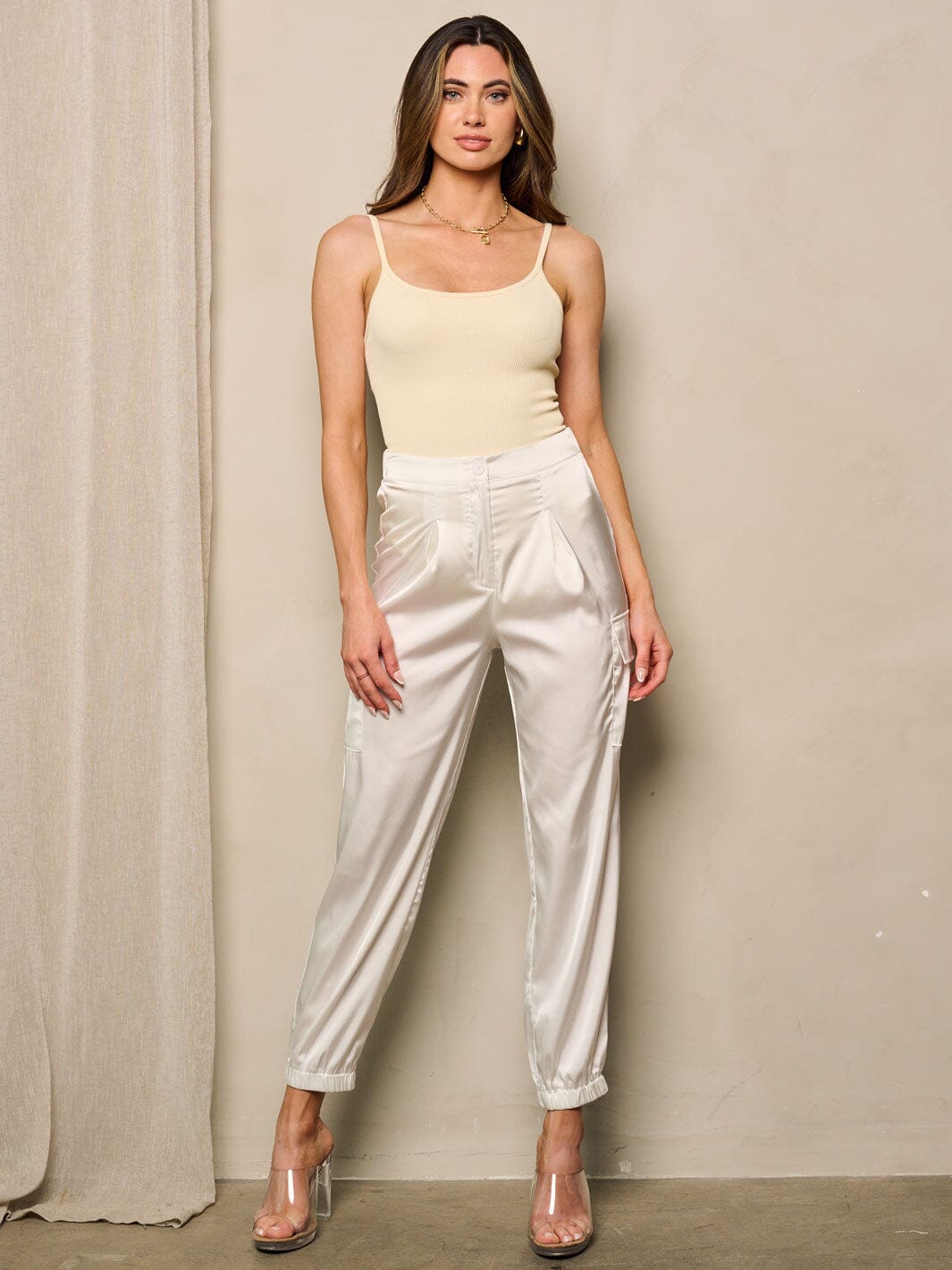 WOMEN'S HIGH WAIST CARGO POCKETS SATIN JOGGER PANTS