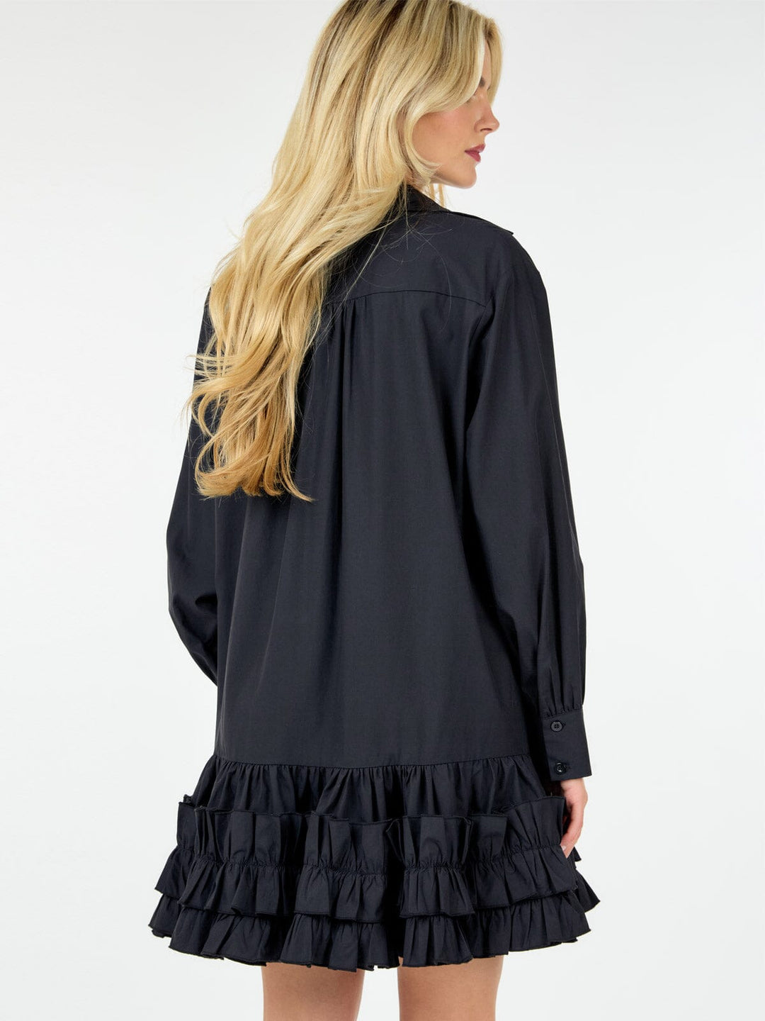 WOMEN'S LONG SLEEVE BUTTON UP RUFFLE BOTTOM HEM TUNIC MINI DRESS