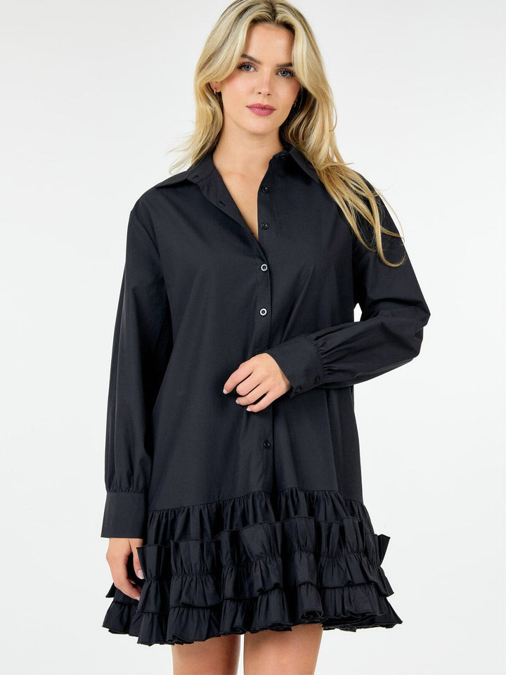 WOMEN'S LONG SLEEVE BUTTON UP RUFFLE BOTTOM HEM TUNIC MINI DRESS