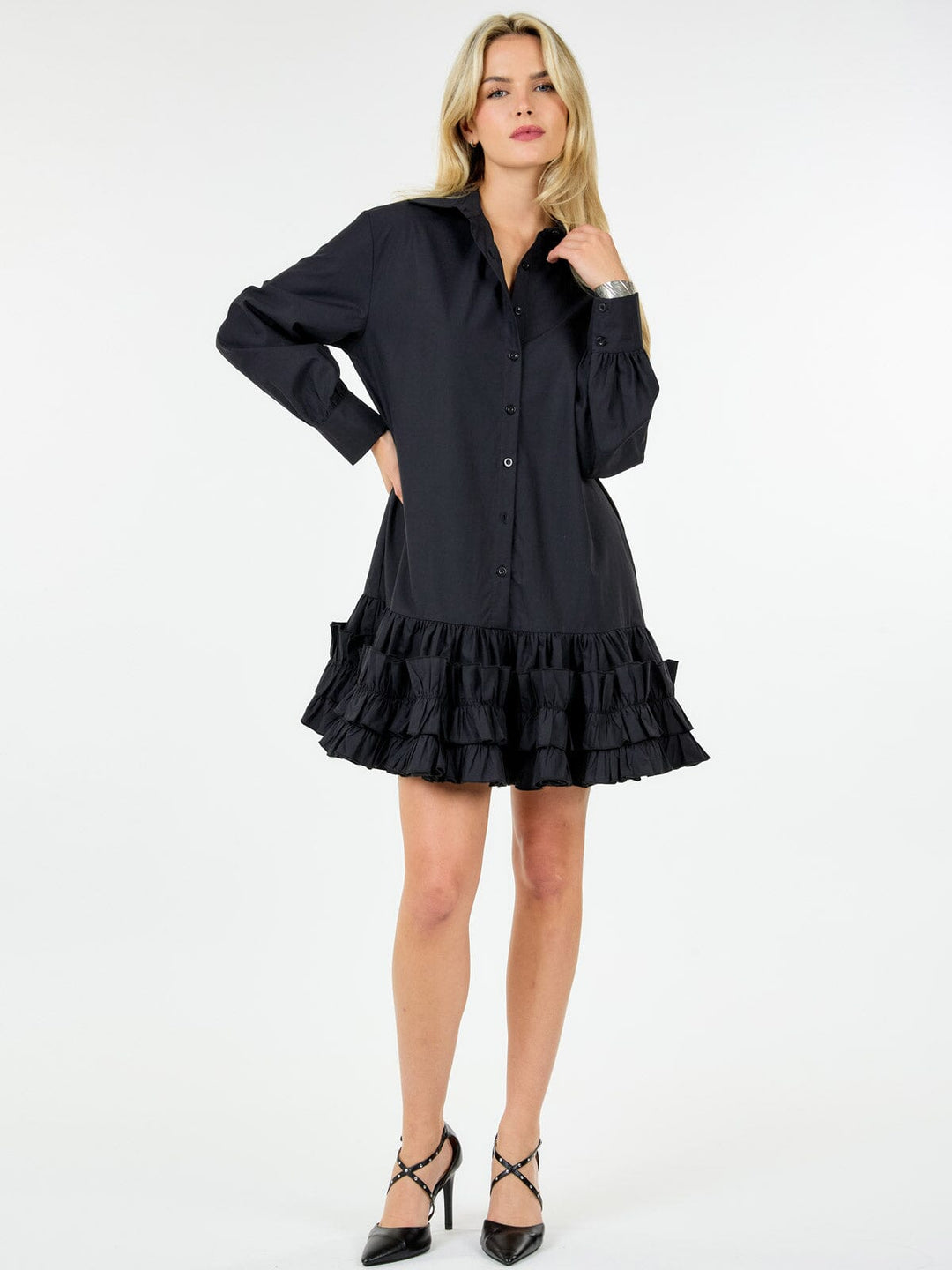WOMEN'S LONG SLEEVE BUTTON UP RUFFLE BOTTOM HEM TUNIC MINI DRESS