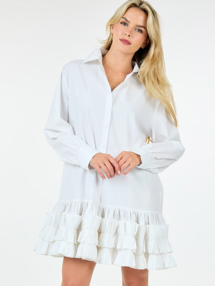 WOMEN'S LONG SLEEVE BUTTON UP RUFFLE BOTTOM HEM TUNIC MINI DRESS