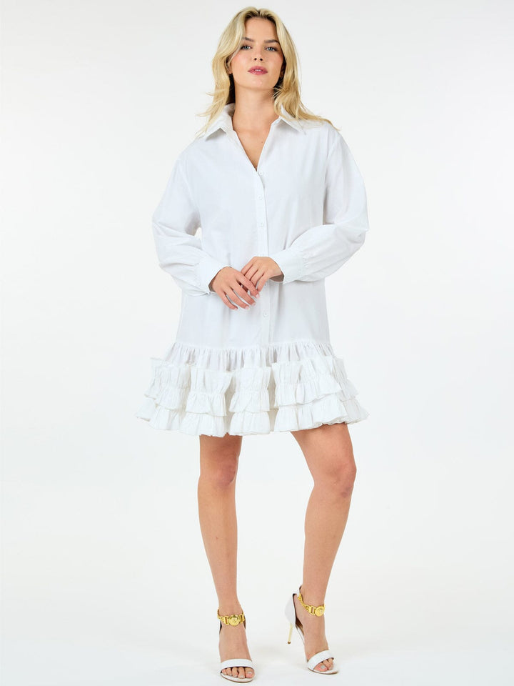 WOMEN'S LONG SLEEVE BUTTON UP RUFFLE BOTTOM HEM TUNIC MINI DRESS