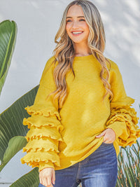 WOMEN'S LONG RUFFLE TIERED SLEEVE PULLOVER SWEATER