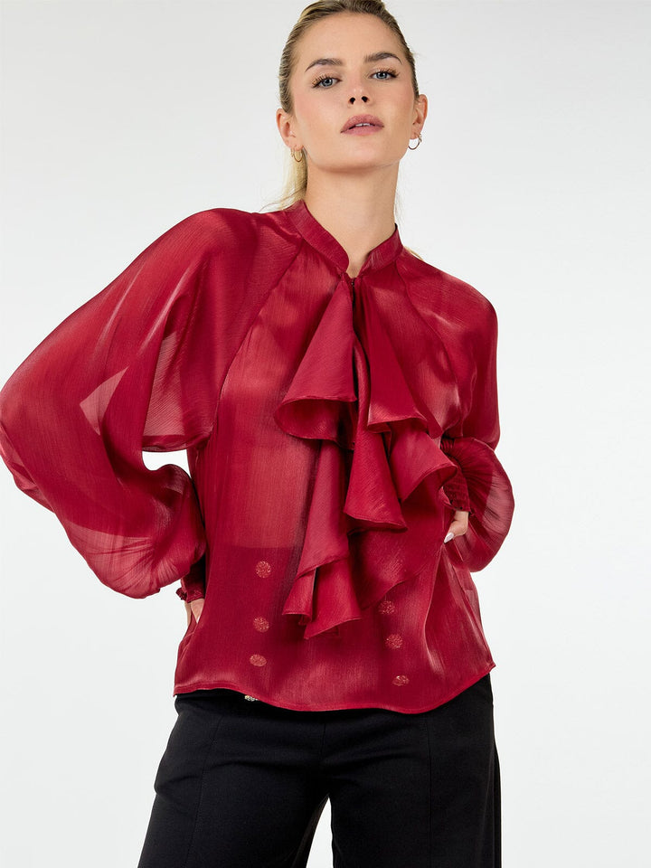 WOMEN'S LONG SLEEVE BUTTON CLOSURE RUFFLE DETAILED BLOUSE