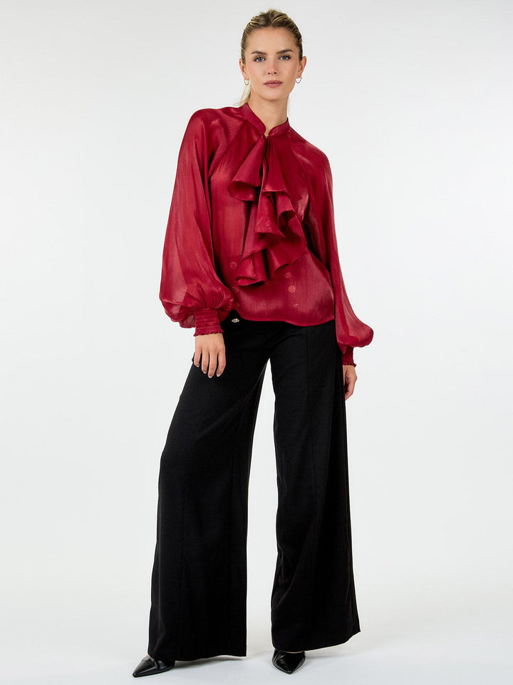 WOMEN'S LONG SLEEVE BUTTON CLOSURE RUFFLE DETAILED BLOUSE