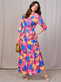 WOMEN'S 3/4 COLD SHOULDER SLEEVES SMOCK WAIST V-NECK LEAF PRINT MAXI DRESS