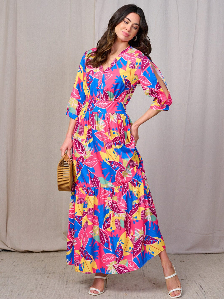 WOMEN'S 3/4 COLD SHOULDER SLEEVES SMOCK WAIST V-NECK LEAF PRINT MAXI DRESS