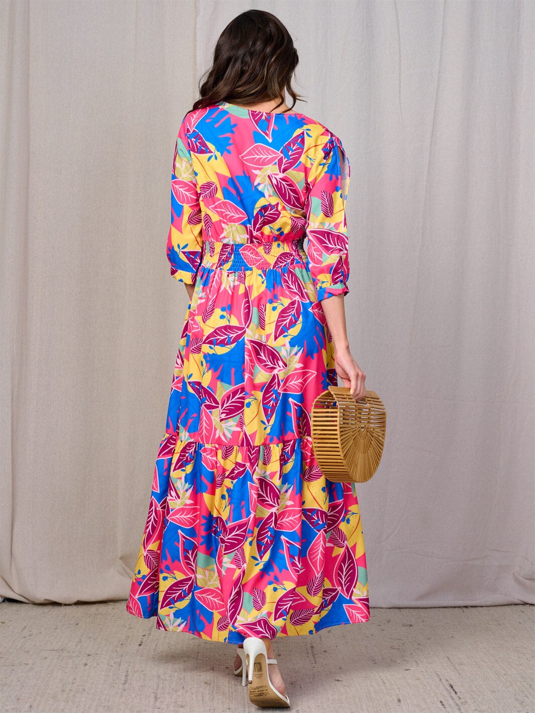 WOMEN'S 3/4 COLD SHOULDER SLEEVES SMOCK WAIST V-NECK LEAF PRINT MAXI DRESS