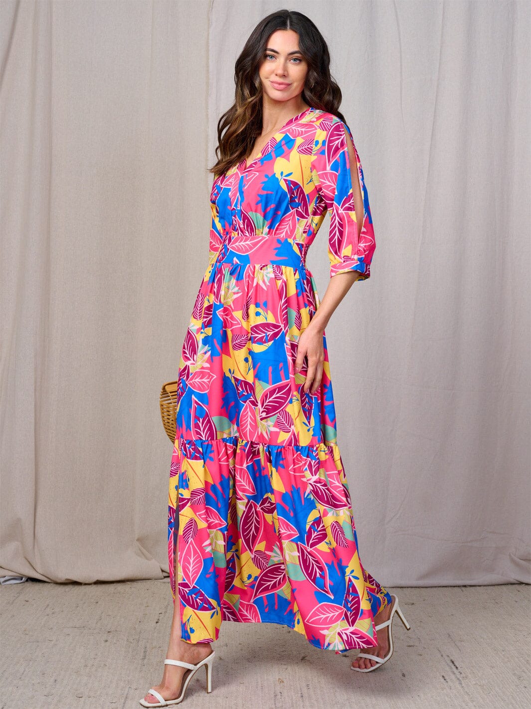 WOMEN'S 3/4 COLD SHOULDER SLEEVES SMOCK WAIST V-NECK LEAF PRINT MAXI DRESS