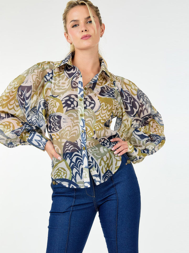 WOMEN'S LONG SLEEVE BUTTON UP MULTI PRINT BLOUSE