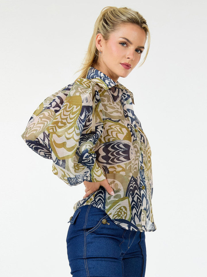 WOMEN'S LONG SLEEVE BUTTON UP MULTI PRINT BLOUSE