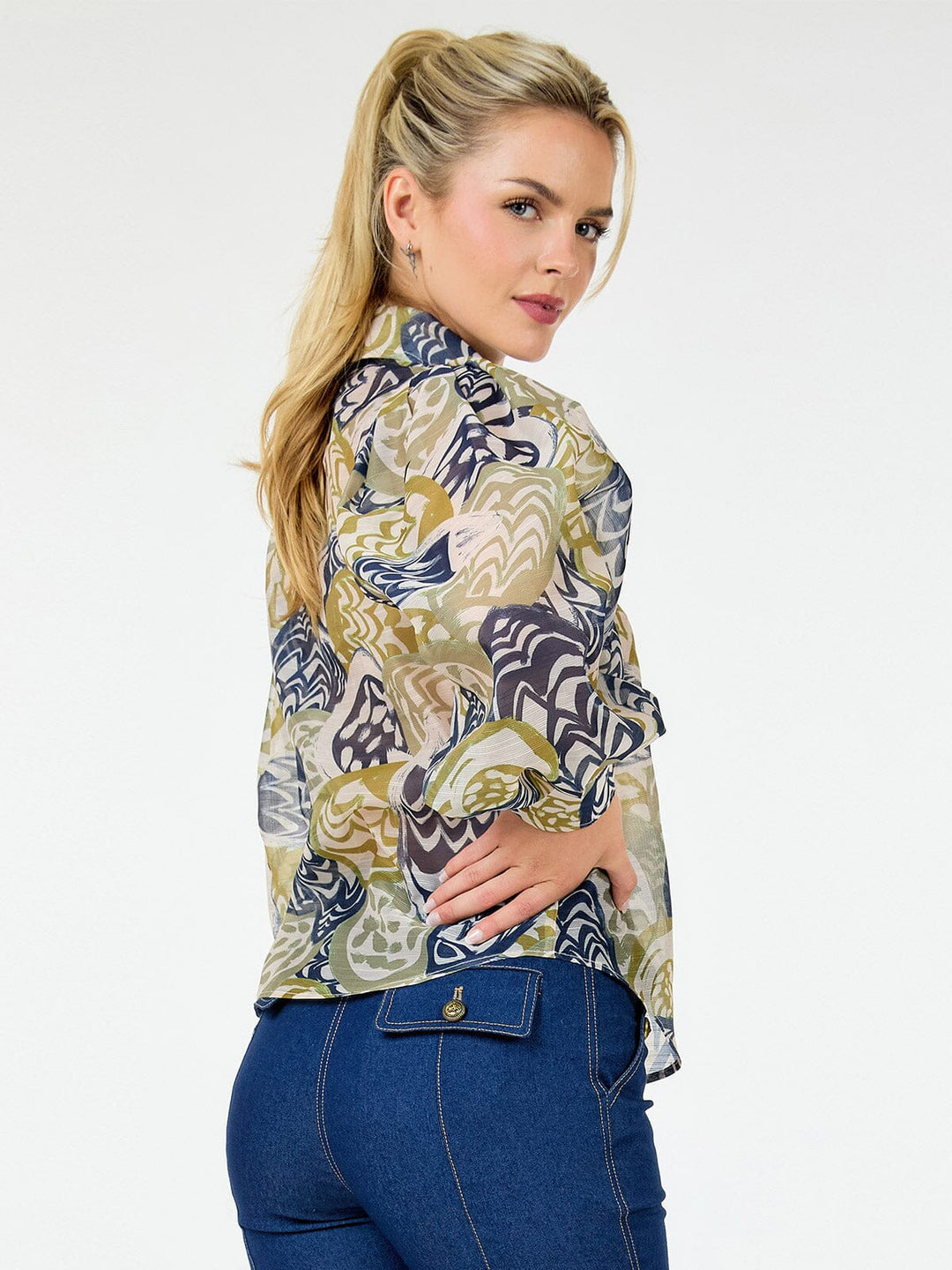 WOMEN'S LONG SLEEVE BUTTON UP MULTI PRINT BLOUSE