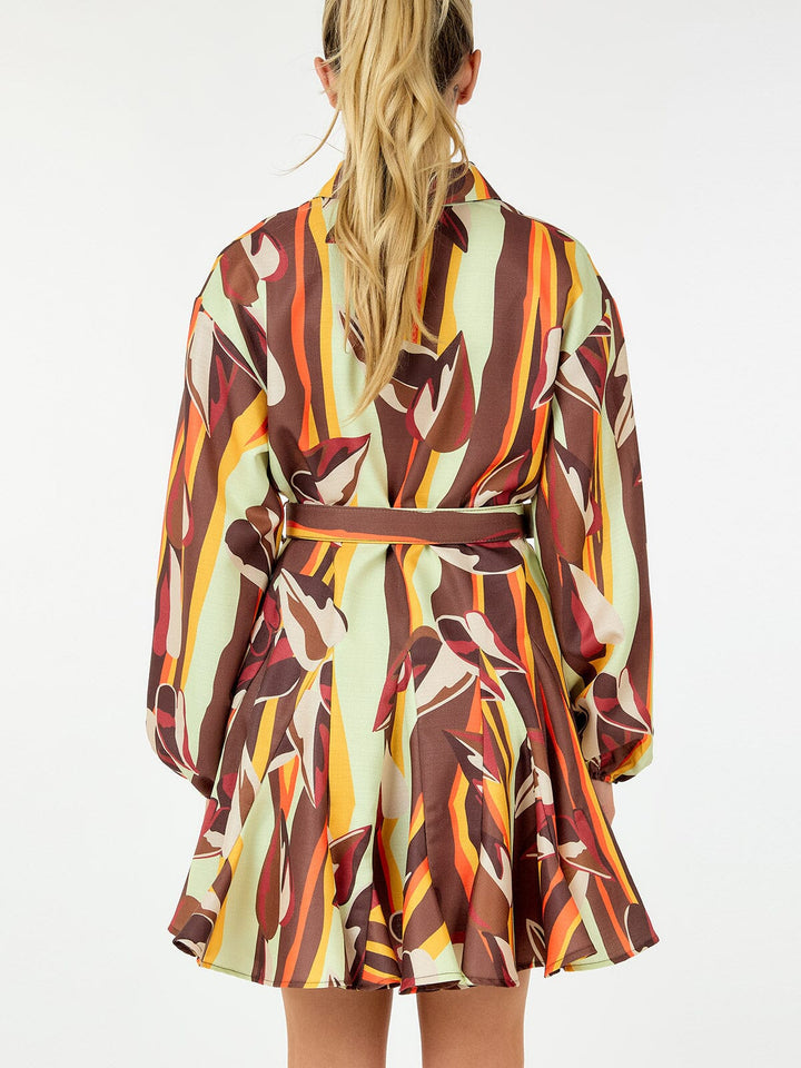 WOMEN'S LONG SLEEVE BUTTON UP BELTED MULTI PRINT MINI DRESS