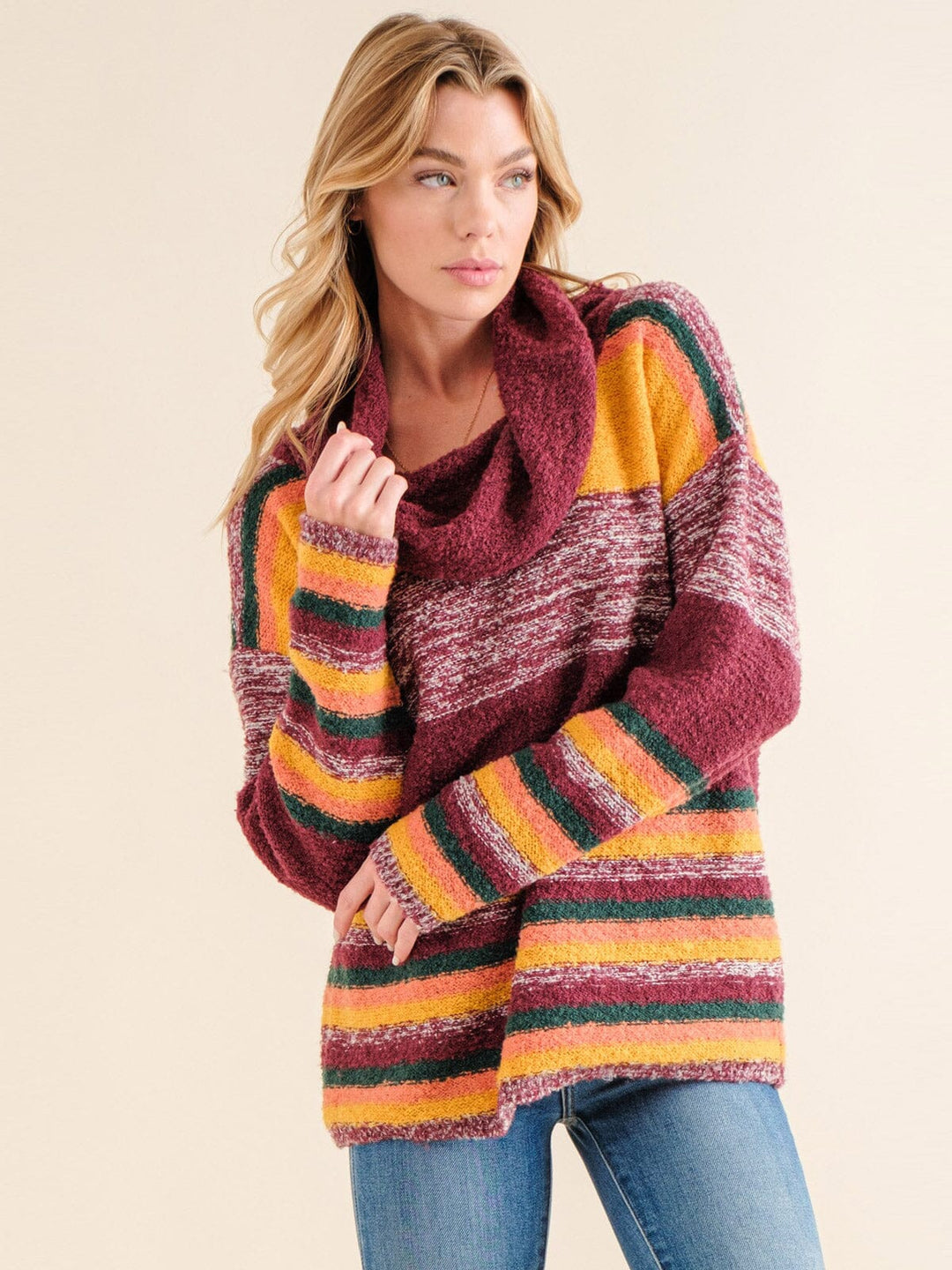 WOMEN'S LONG SLEEVE TURTLE NECK COLORBLOCK PULLOVER SWEATER