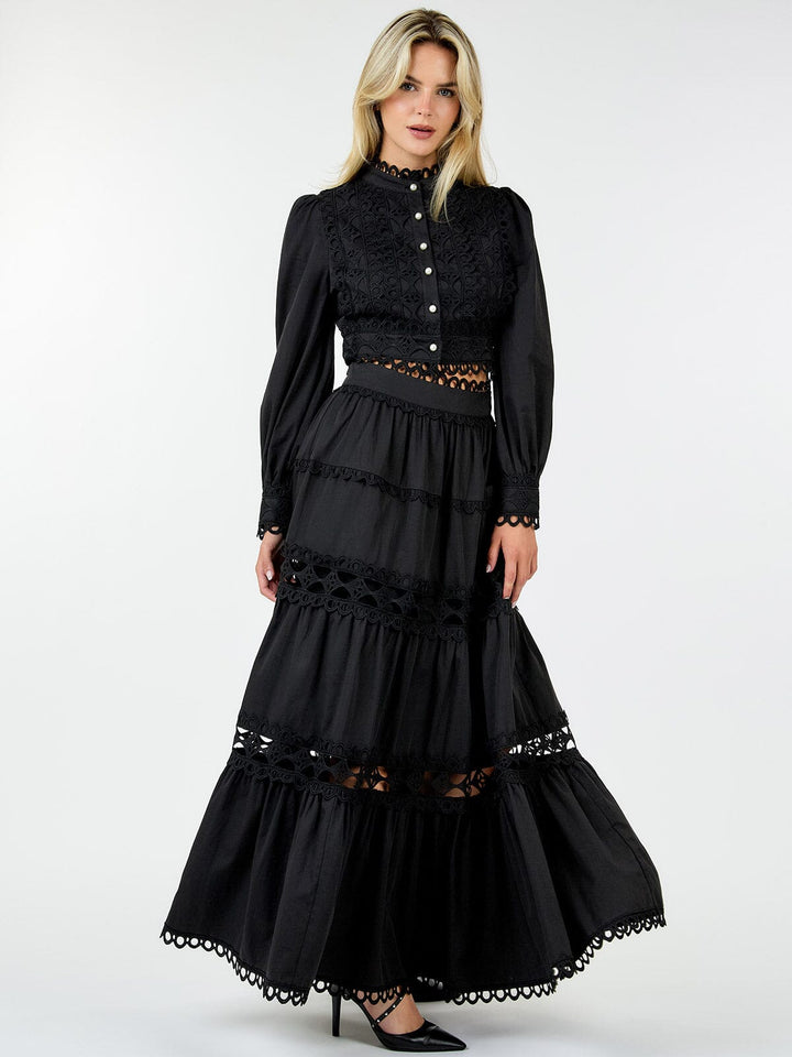 WOMEN'S LONG SLEEVE CROP TOP & ZIP UP MAXI SKIRT TIERED EYELET 2PC.SET