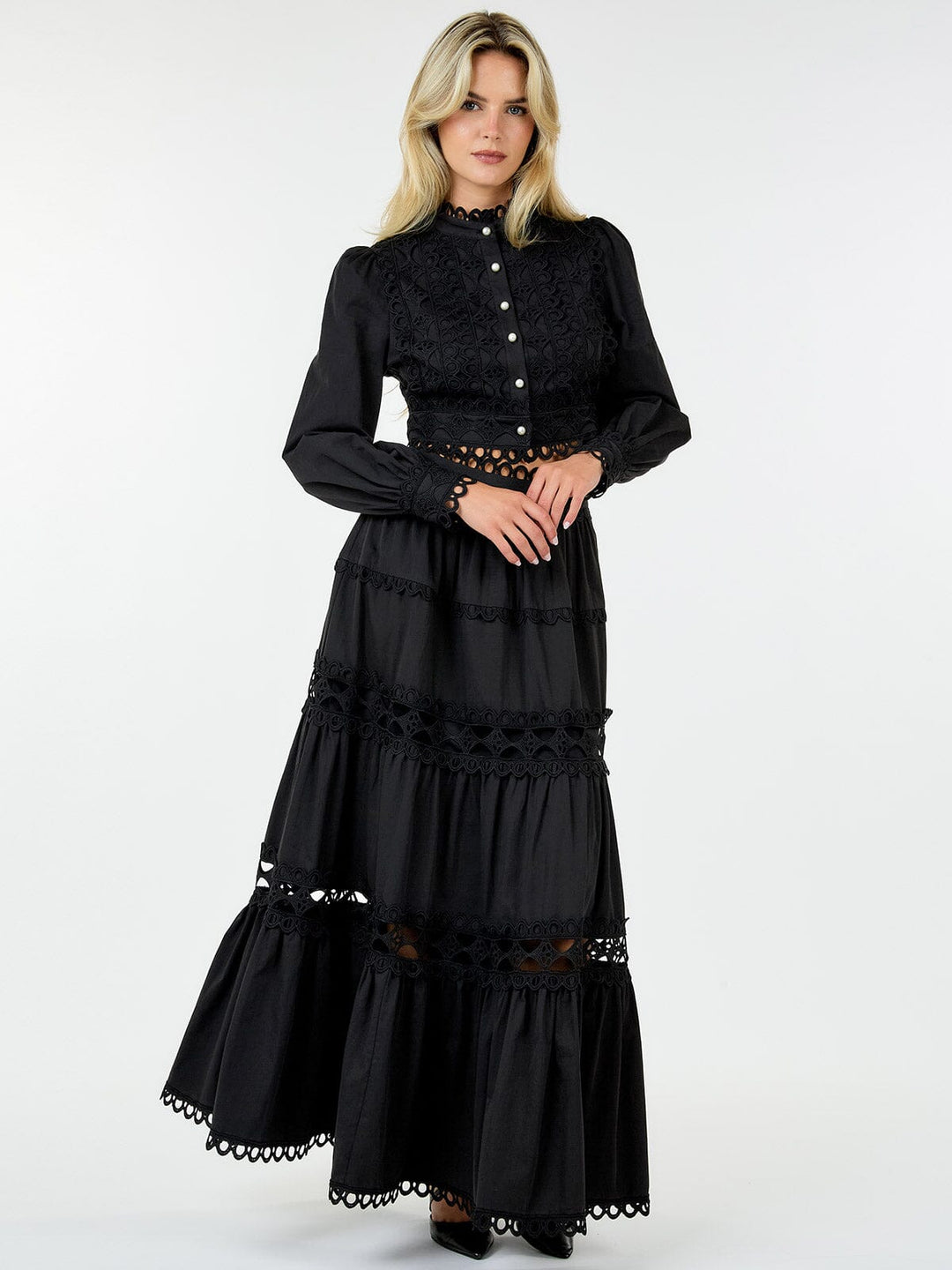 WOMEN'S LONG SLEEVE CROP TOP & ZIP UP MAXI SKIRT TIERED EYELET 2PC.SET