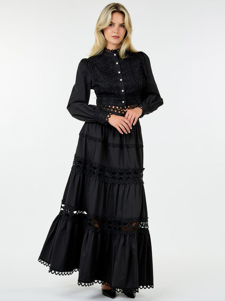 WOMEN'S LONG SLEEVE CROP TOP & ZIP UP MAXI SKIRT TIERED EYELET 2PC.SET
