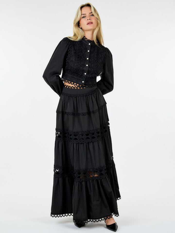 WOMEN'S LONG SLEEVE CROP TOP & ZIP UP MAXI SKIRT TIERED EYELET 2PC.SET