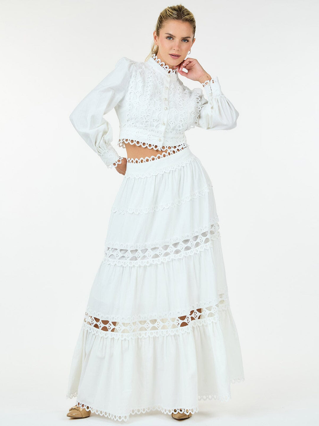WOMEN'S LONG SLEEVE CROP TOP & ZIP UP MAXI SKIRT TIERED EYELET 2PC.SET