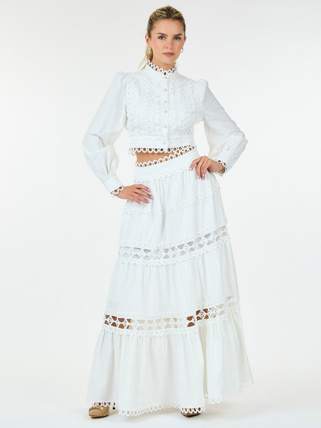 WOMEN'S LONG SLEEVE CROP TOP & ZIP UP MAXI SKIRT TIERED EYELET 2PC.SET