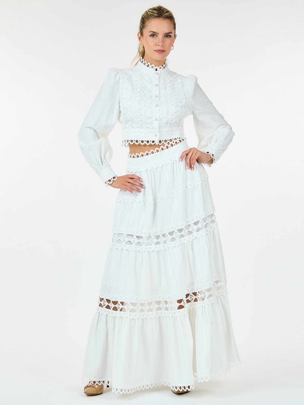 WOMEN'S LONG SLEEVE CROP TOP & ZIP UP MAXI SKIRT TIERED EYELET 2PC.SET