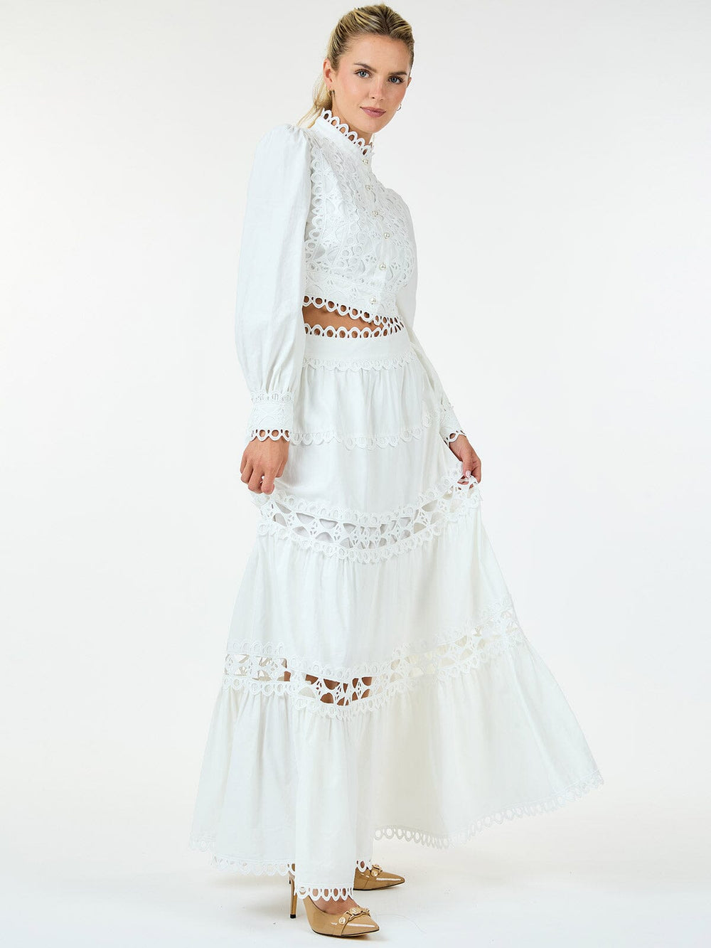 WOMEN'S LONG SLEEVE CROP TOP & ZIP UP MAXI SKIRT TIERED EYELET 2PC.SET