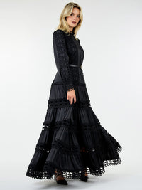 WOMEN'S LONG SLEEVE TIERED EYELET DETAILED BELTED MAXI DRESS
