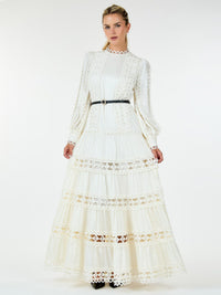 WOMEN'S LONG SLEEVE TIERED EYELET DETAILED BELTED MAXI DRESS
