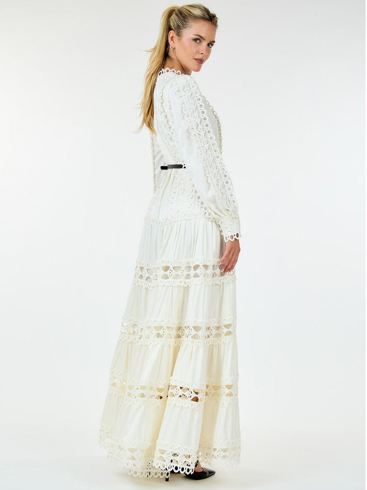 WOMEN'S LONG SLEEVE TIERED EYELET DETAILED BELTED MAXI DRESS