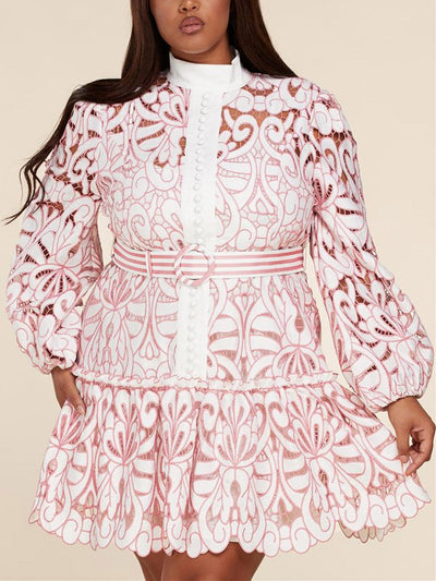 PLUS SIZE LONG SLEEVE BUTTON UP BELTED MINI DRESS