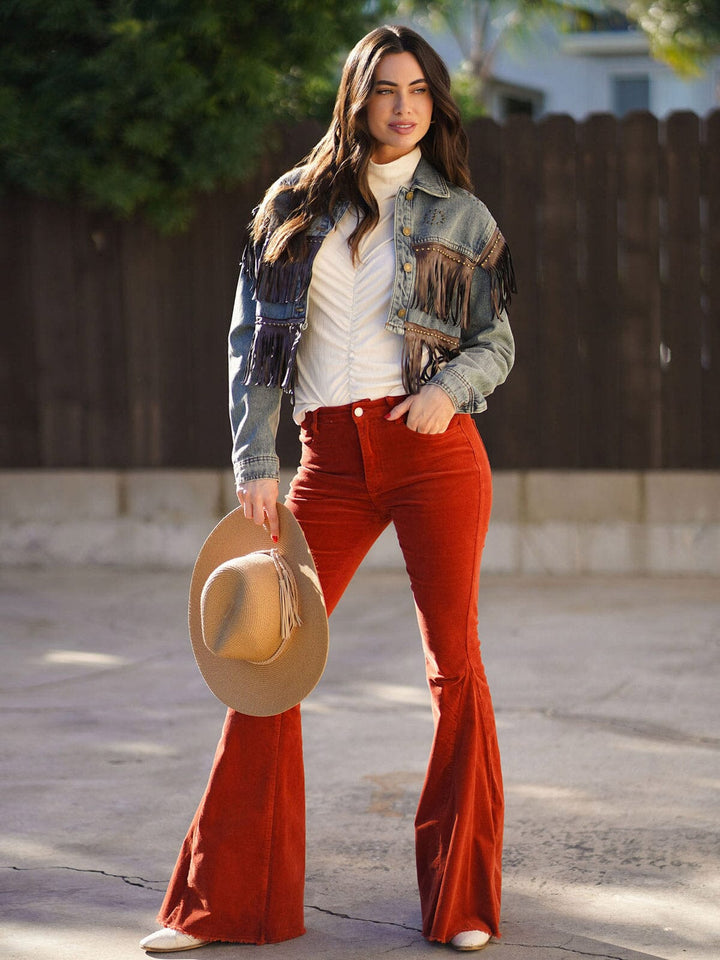 WOMEN'S LONG SLEEVE BUTTON CLOSURE FRINGE DENIM JACKET