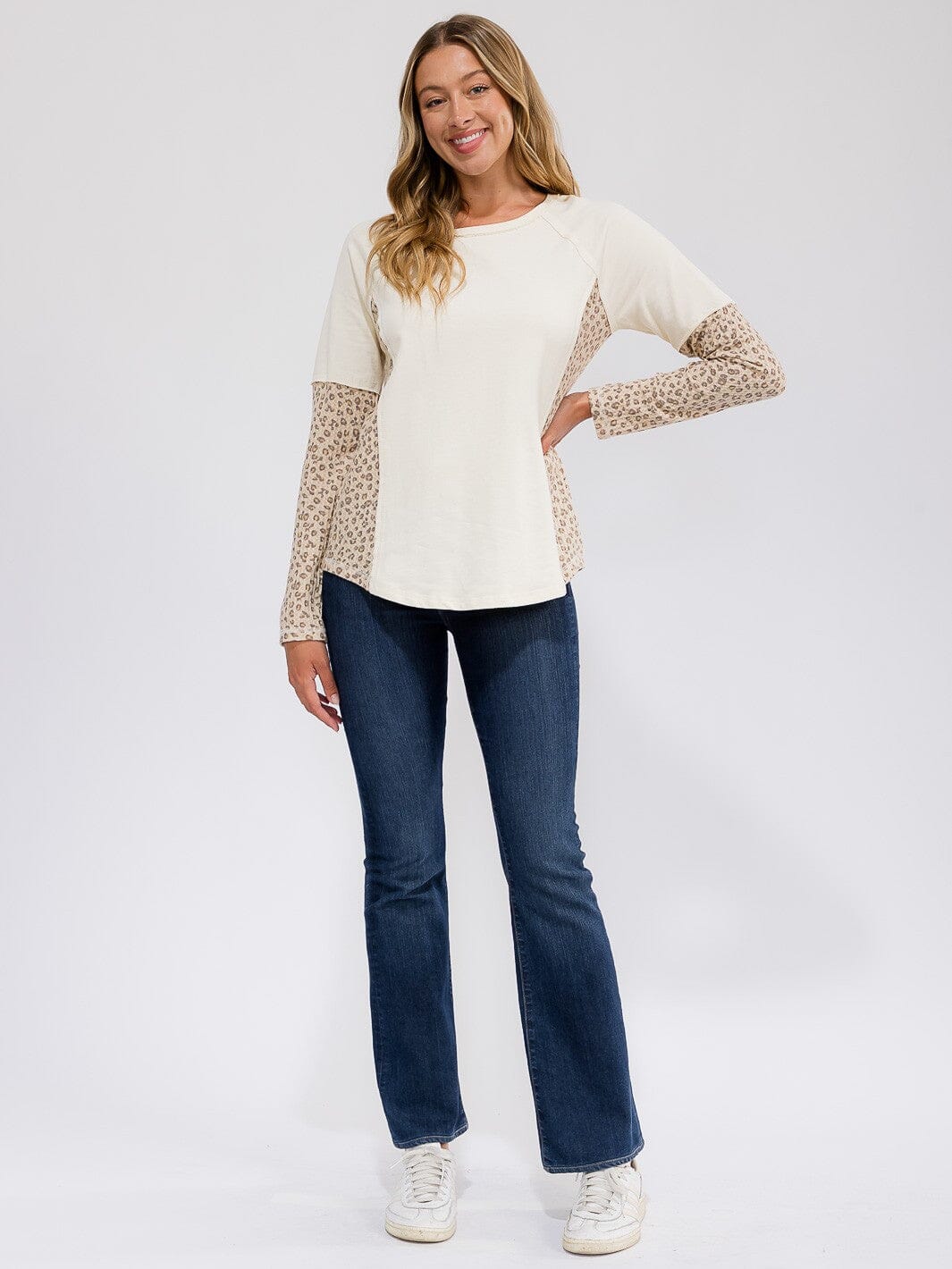 WOMEN'S LONG SLEEVE ANIMAL PRINT CONTRAST TOP