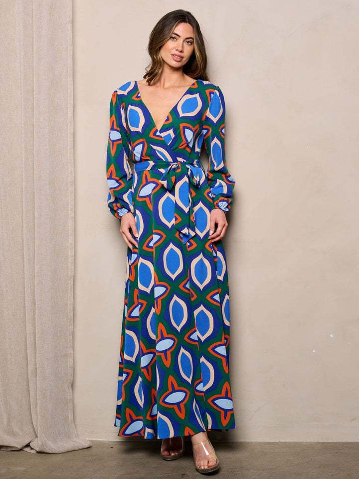 WOMEN'S LONG SLEEVES SURPLICE MULTI PRINT MAXI DRESS