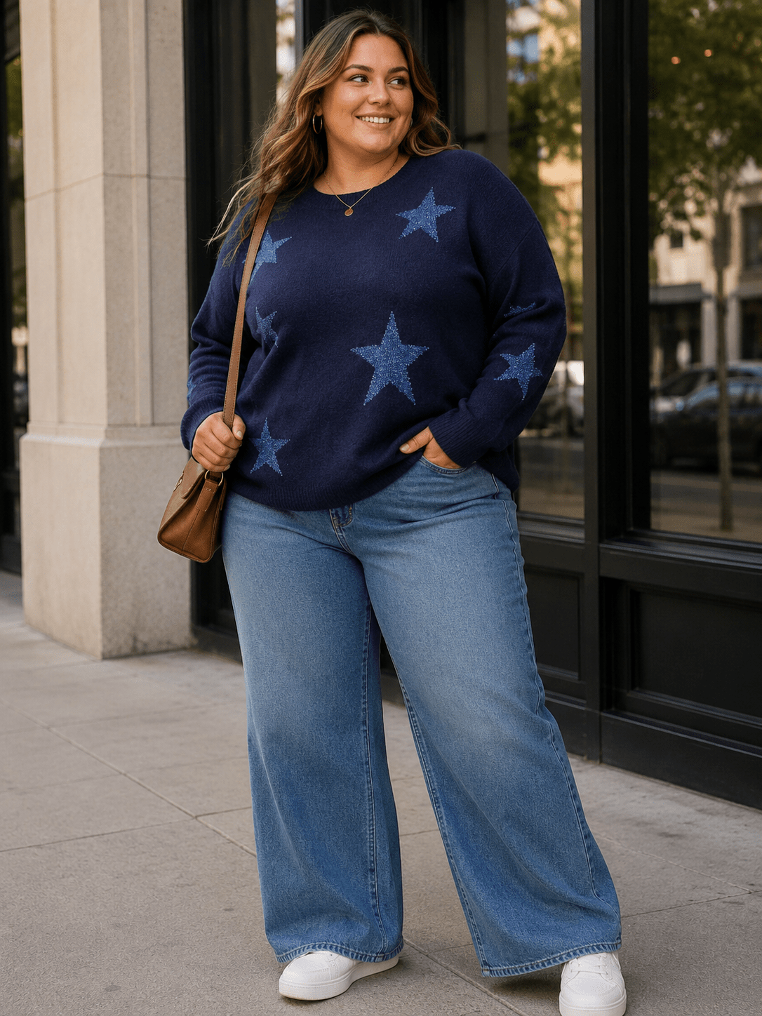 PLUS SIZE LONG SLEEVE SHIMMER STARS PRINT PULLOVER SWEATER