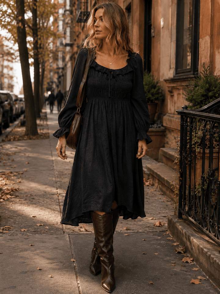 WOMEN'S LONG SLEEVE SQUARE NECK SMOCK RUFFLE SWISS DOTS MIDI DRESS