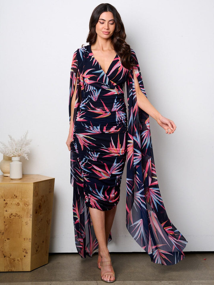WOMEN'S LONG BELL SLEEVE V-NECK RUCHED LEAF PRINT MIDI DRESS