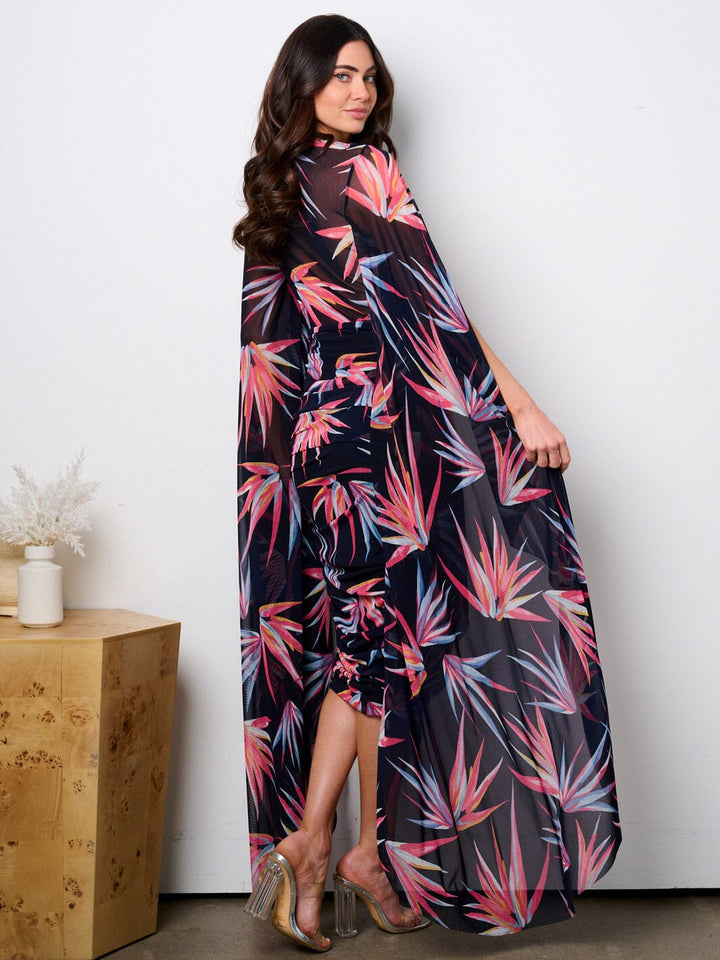 WOMEN'S LONG BELL SLEEVE V-NECK RUCHED LEAF PRINT MIDI DRESS