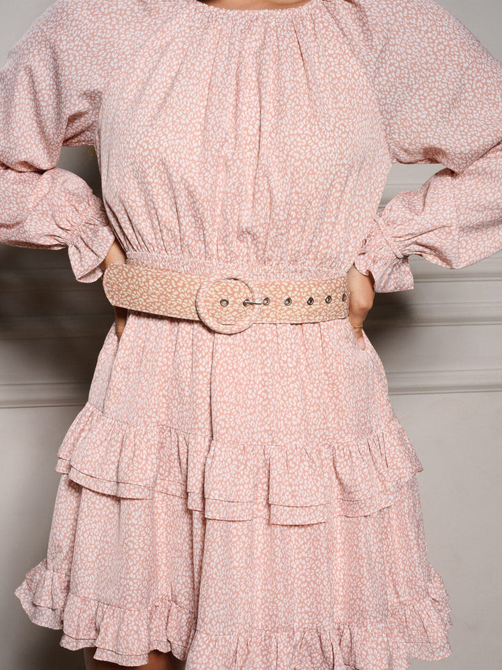 WOMEN'S LONG SLEEVE BELTED TIERED ANIMAL PRINT MINI DRESS