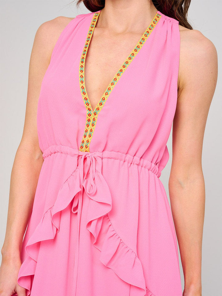 WOMEN'S SLEEVELESS V-NECK RUFFLE TRIM DETAILED MINI DRESS