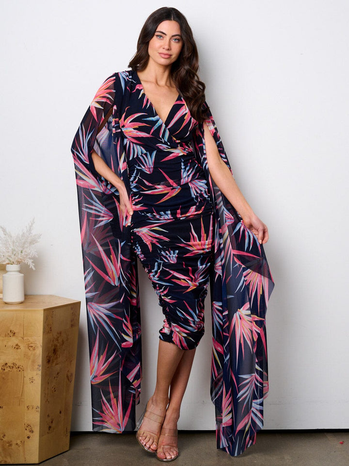 WOMEN'S LONG BELL SLEEVE V-NECK RUCHED LEAF PRINT MIDI DRESS