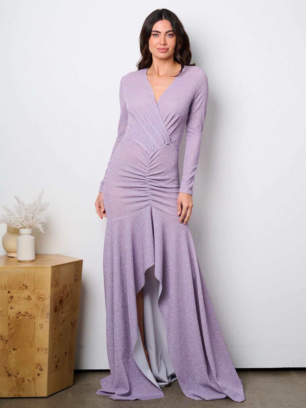WOMEN'S LONG SLEEVE SURPLICE HIGH-LOW SHIMMER MAXI GOWN DRESS