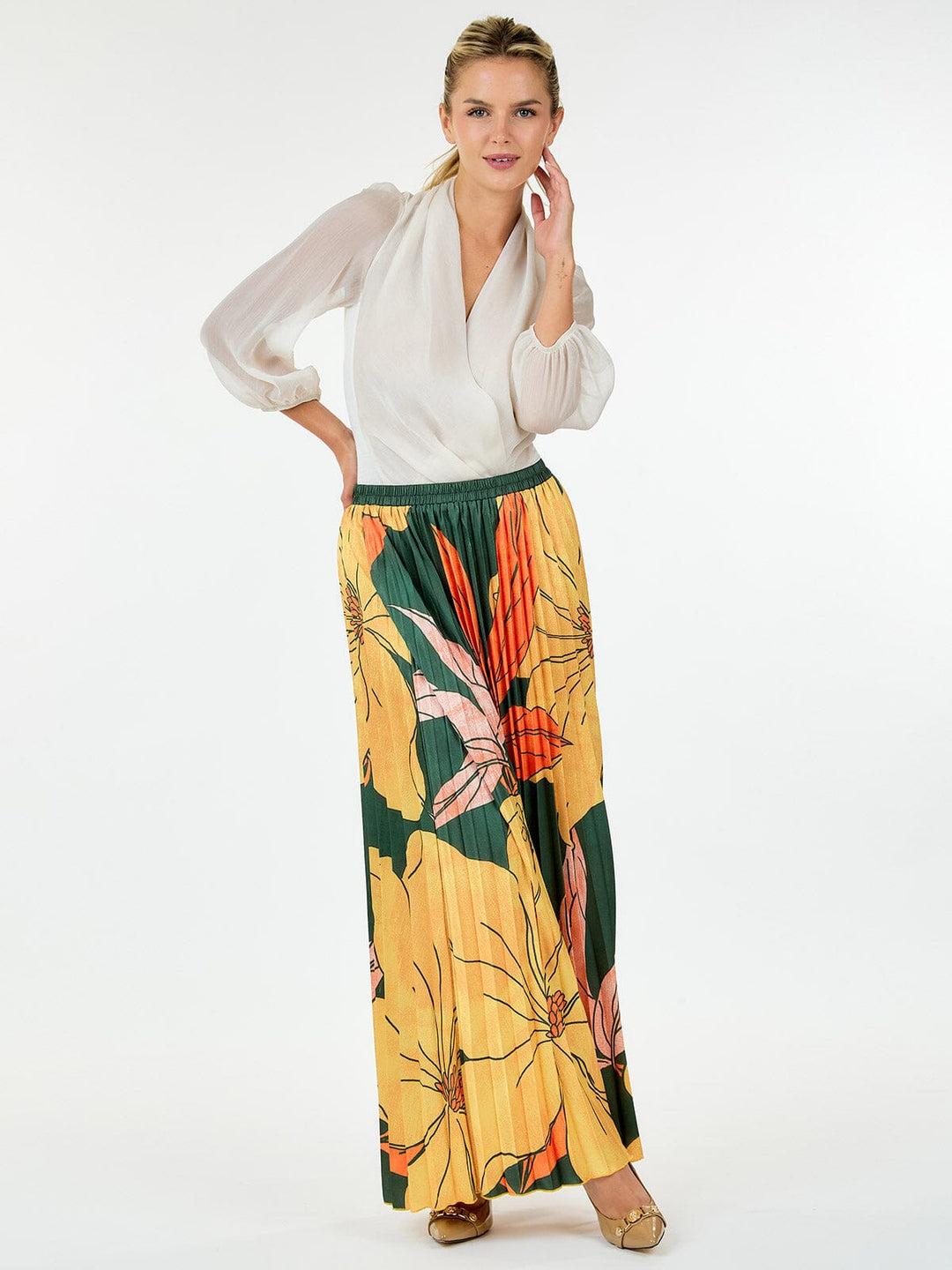 WOMEN'S ELASTIC WAIST LEAF PRINT PLEATED MAXI SKIRT